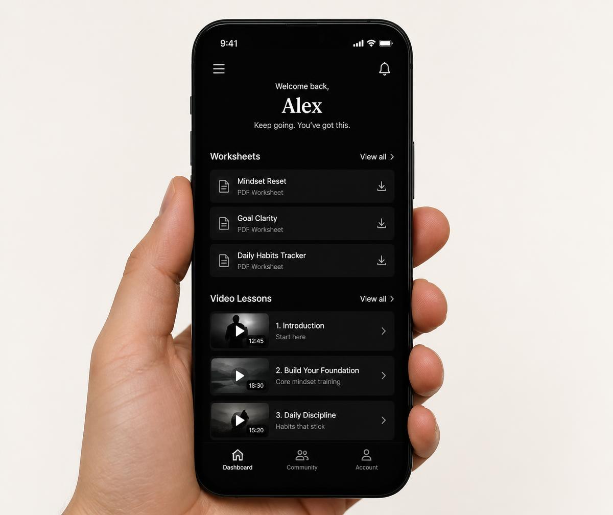 Mockup of the PLAYBOOK member area showing worksheets and video lessons on a phone